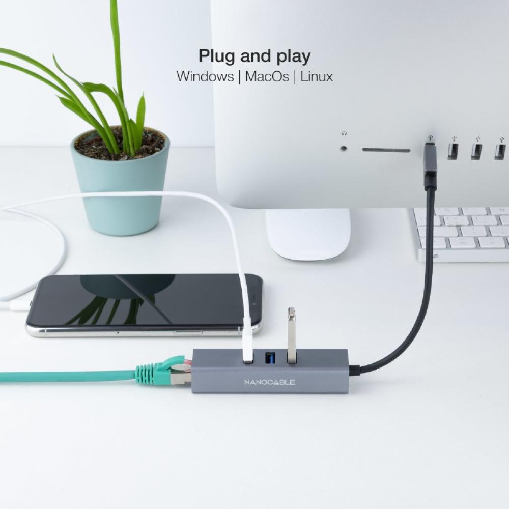 Nanocable - Conversor USB 3.0 a Ethernet Gigabit + 3XUSB 3.0, Aluminio, Gris, 15 cm