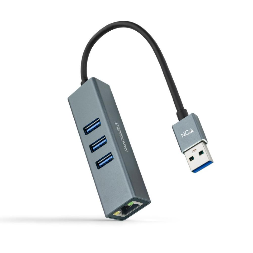 Nanocable - Conversor USB 3.0 a Ethernet Gigabit + 3XUSB 3.0, Aluminio, Gris, 15 cm