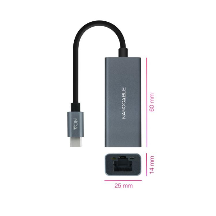 Nanocable - Conversor USB-C a Ethernet Gigabit 10/100/1000 Mbps, Aluminio, Gris, 15 cm
