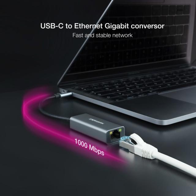 Nanocable - Conversor USB-C a Ethernet Gigabit 10/100/1000 Mbps, Aluminio, Gris, 15 cm