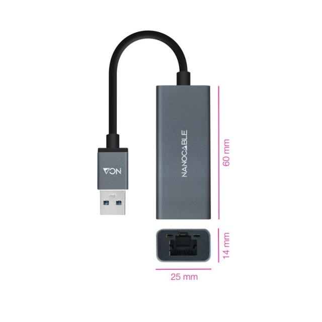 Nanocable - Conversor USB 3.0 a Ethernet Gigabit 10/100/1000 Mbps, Aluminio, Gris, 15 cm