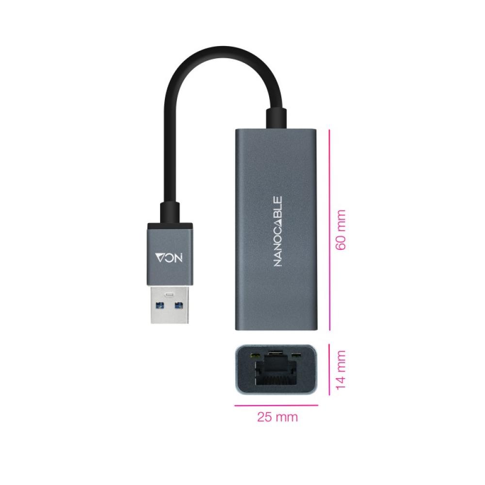 Nanocable - Conversor USB 3.0 a Ethernet Gigabit 10/100/1000 Mbps, Aluminio, Gris, 15 cm