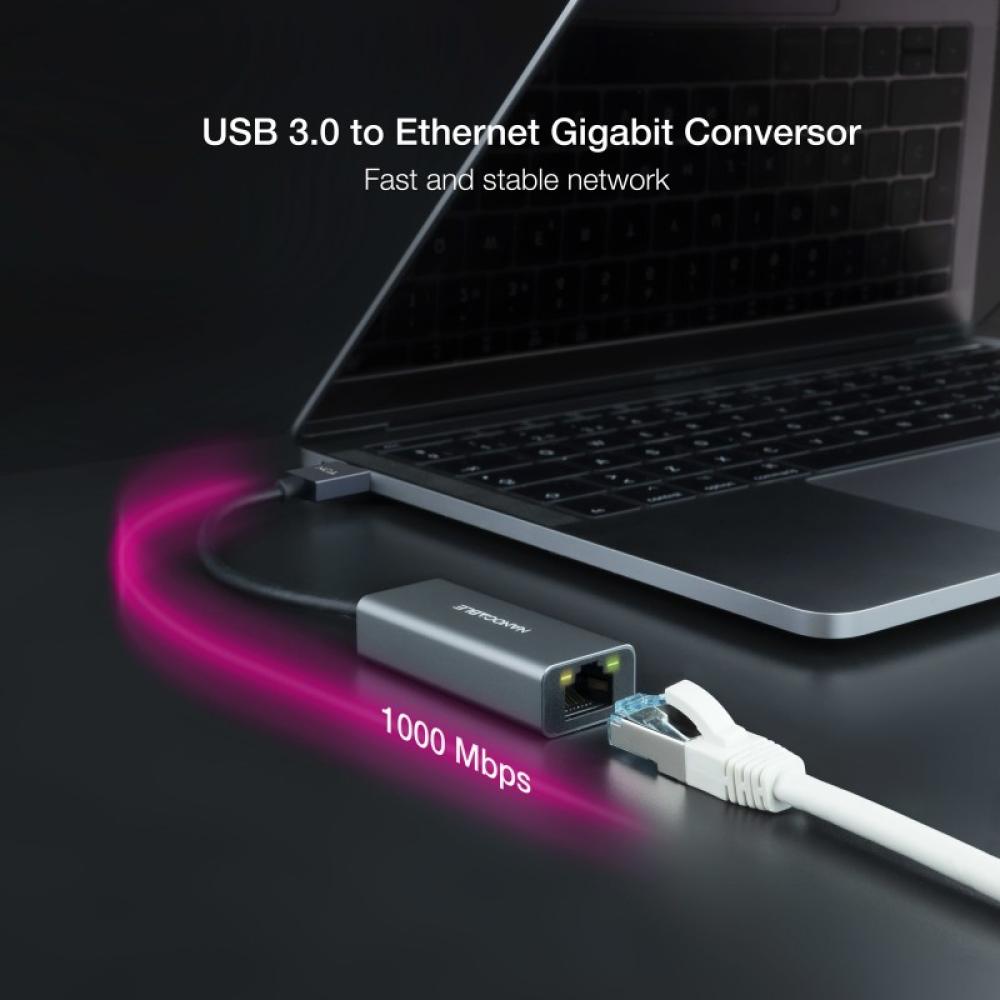 Nanocable - Conversor USB 3.0 a Ethernet Gigabit 10/100/1000 Mbps, Aluminio, Gris, 15 cm