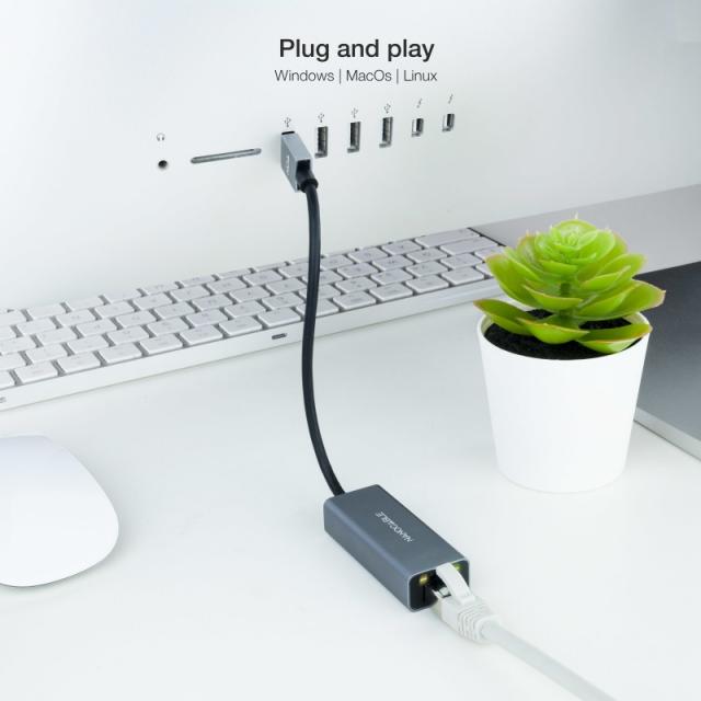 Nanocable - Conversor USB 3.0 a Ethernet Gigabit 10/100/1000 Mbps, Aluminio, Gris, 15 cm