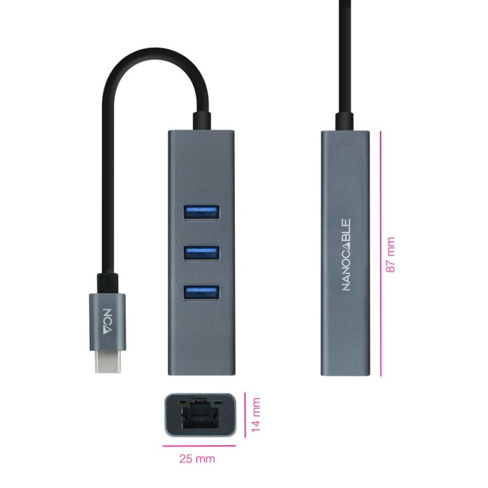 Nanocable - Conversor USB-C a Ethernet Gigabit + 3XUSB 3.0, Aluminio, Gris, 15 cm