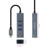 Nanocable - Conversor USB-C a Ethernet Gigabit + 3XUSB 3.0, Aluminio, Gris, 15 cm