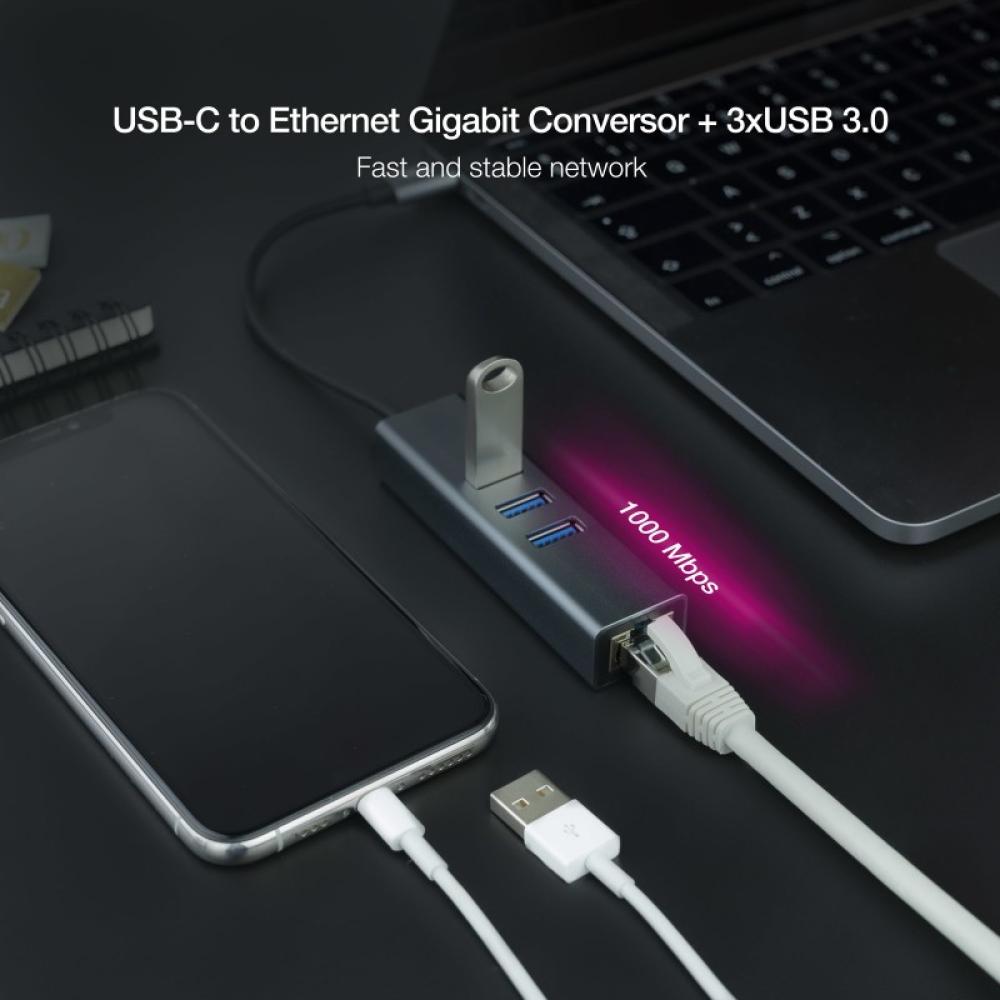 Nanocable - Conversor USB-C a Ethernet Gigabit + 3XUSB 3.0, Aluminio, Gris, 15 cm