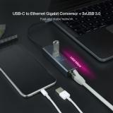 Nanocable - Conversor USB-C a Ethernet Gigabit + 3XUSB 3.0, Aluminio, Gris, 15 cm