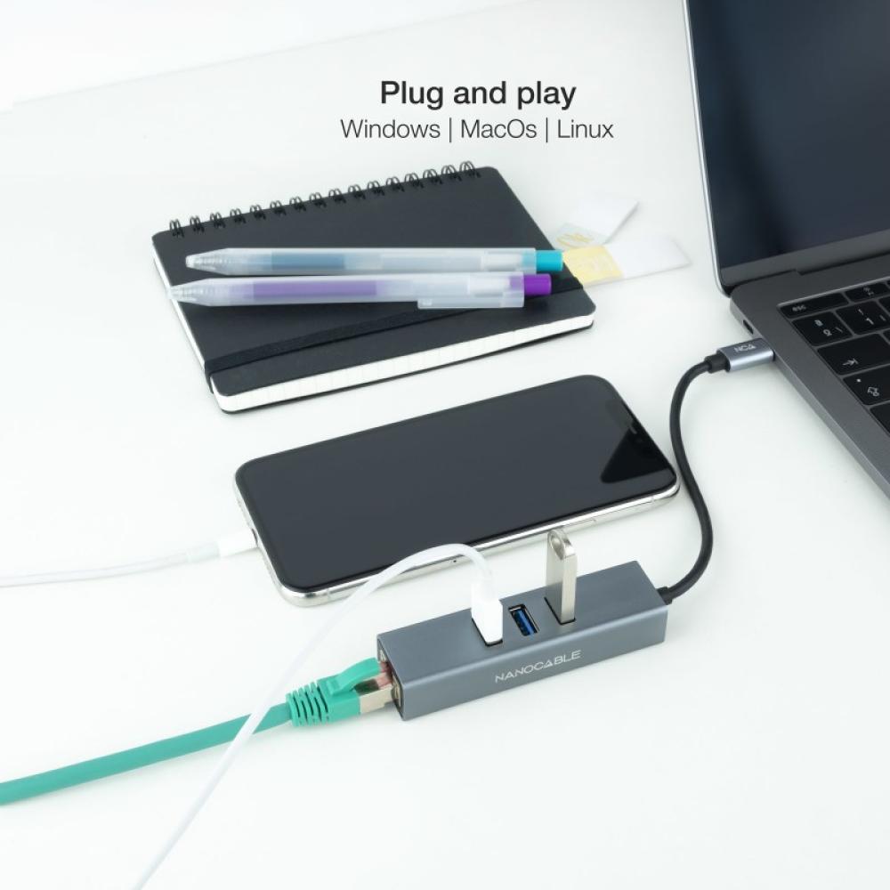 Nanocable - Conversor USB-C a Ethernet Gigabit + 3XUSB 3.0, Aluminio, Gris, 15 cm