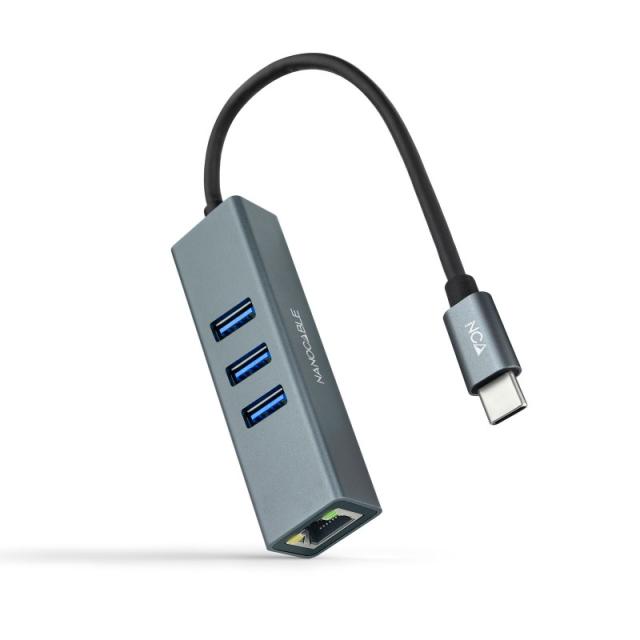 Nanocable - Conversor USB-C a Ethernet Gigabit + 3XUSB 3.0, Aluminio, Gris, 15 cm