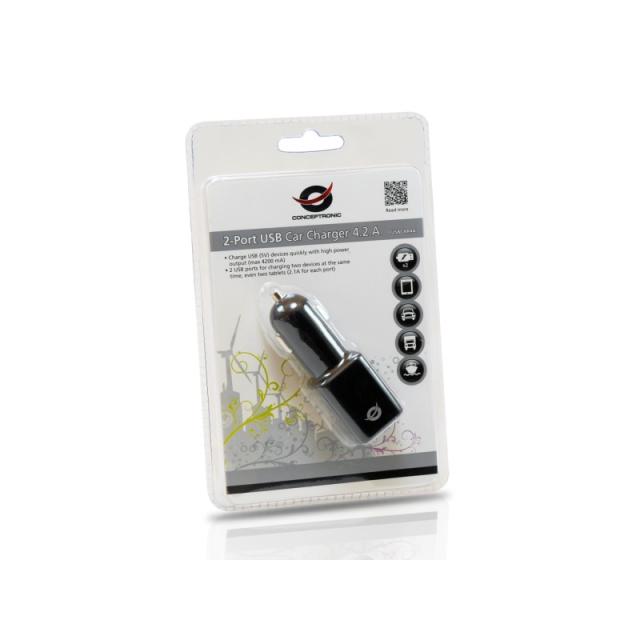 Conceptronic - Cargador de coche USB de 2 puertos de 4,2 A
