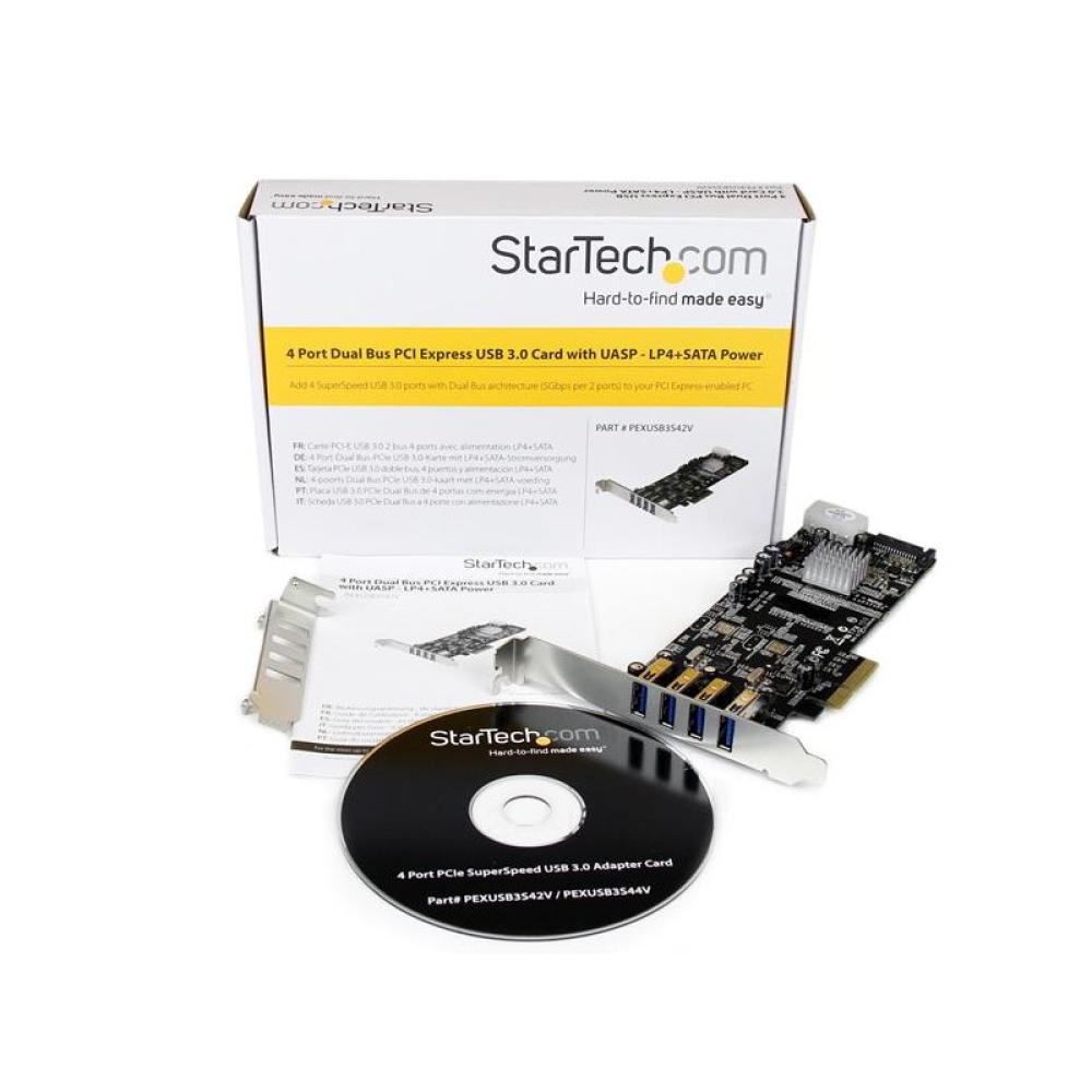 StarTech.com - Adaptador Tarjeta PCI Express PCI-E 4 Puertos USB 3.0 UASP Bus Doble con Alimentación Molex SATA