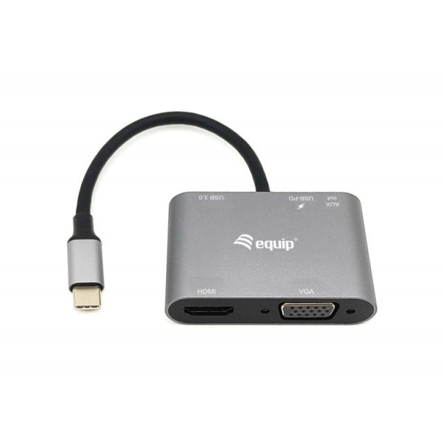 Equip - Adaptador multifunción USB-C 5 en 1, HDMI, VGA (HD15), PD 100W, USB3.0, AUX