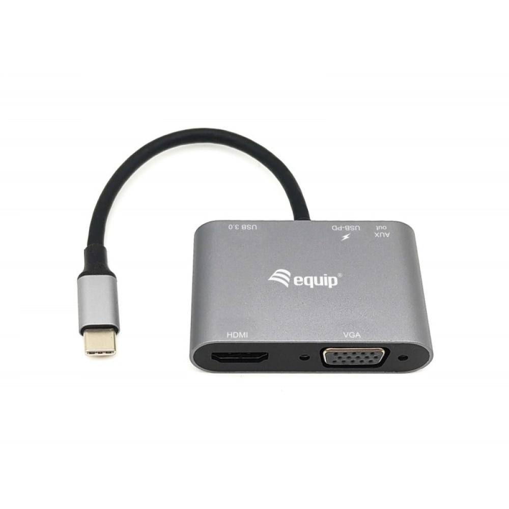 Equip - Adaptador multifunción USB-C 5 en 1, HDMI, VGA (HD15), PD 100W, USB3.0, AUX