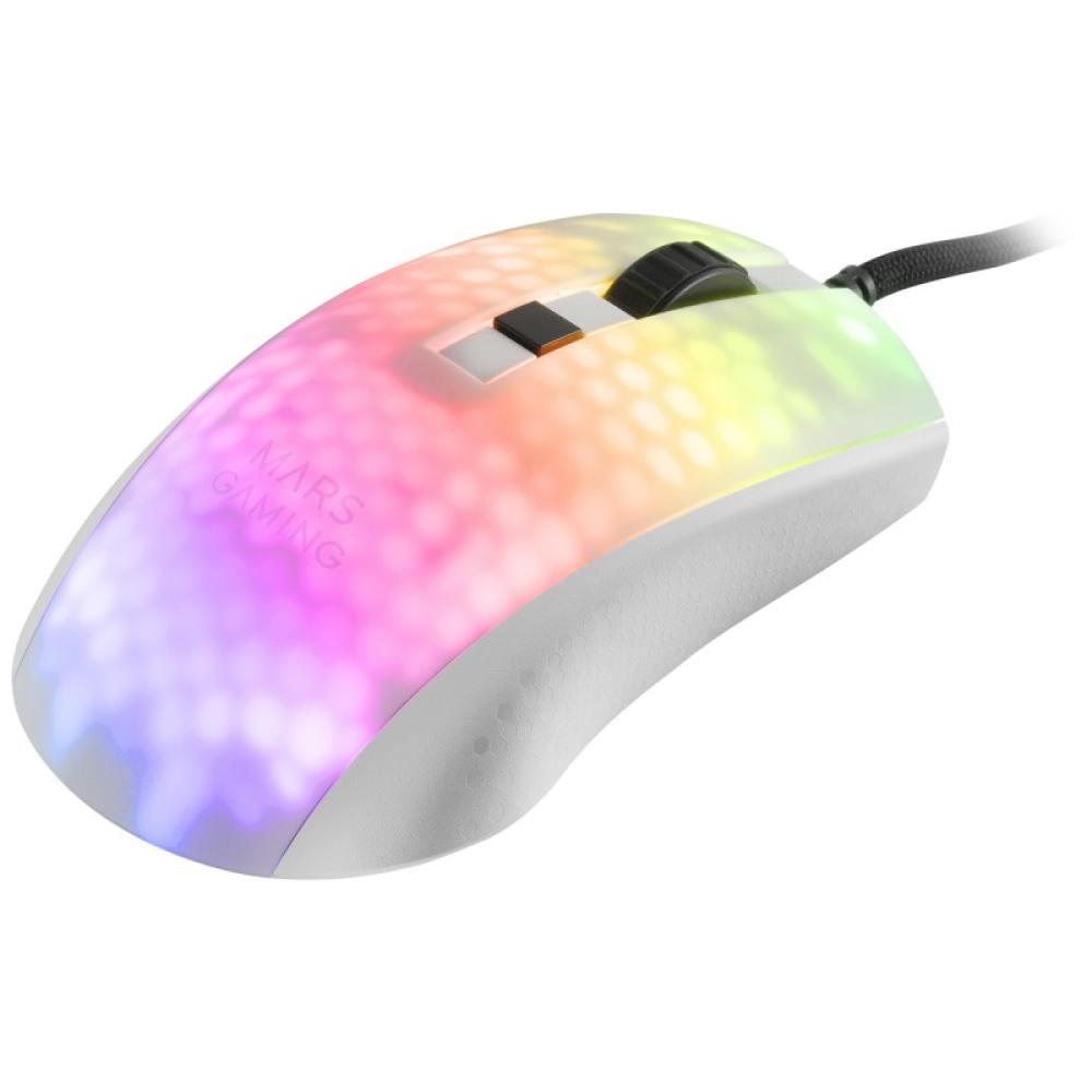 Mars Gaming - MMRW, Ratón Gaming RGB Chroma, Estructura Translúcida Ultra-ligera 58 g, 12800 DPI, Switches Mecánicos HUANO, Blan