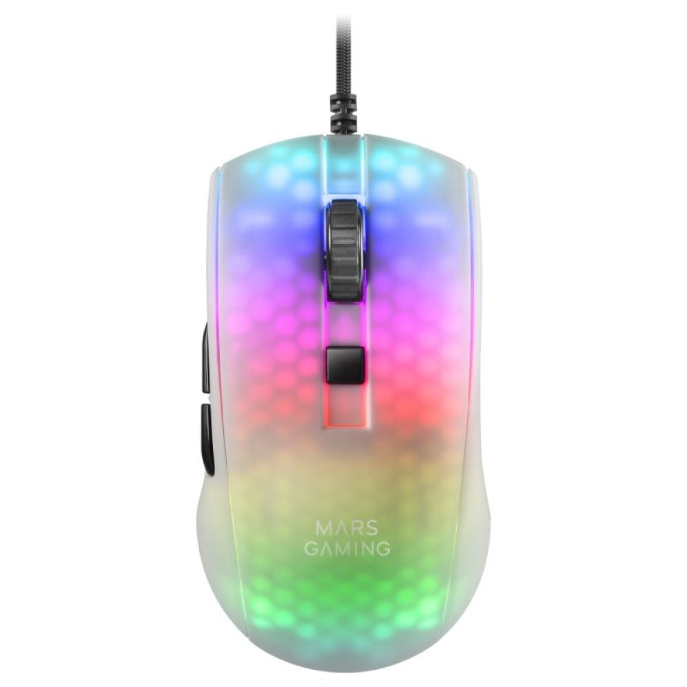 Mars Gaming - MMRW, Ratón Gaming RGB Chroma, Estructura Translúcida Ultra-ligera 58 g, 12800 DPI, Switches Mecánicos HUANO, Blan