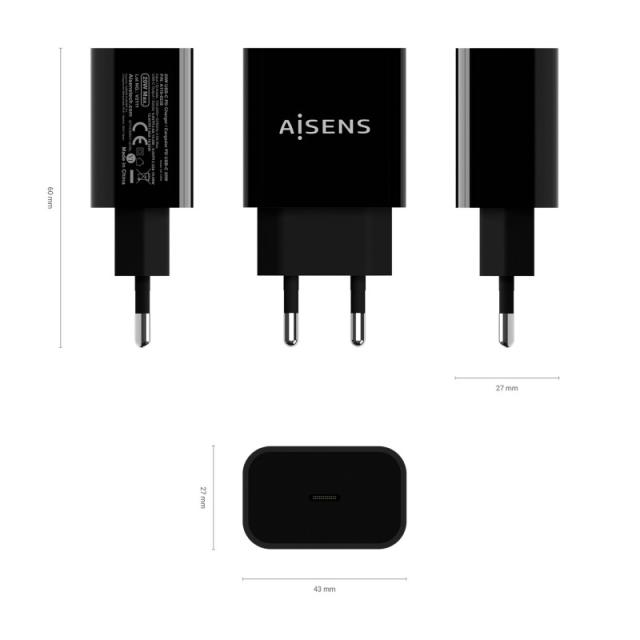 AISENS - Cargador USB-C PD3.0 1 Puerto 1x USB-C 20 W, Negro