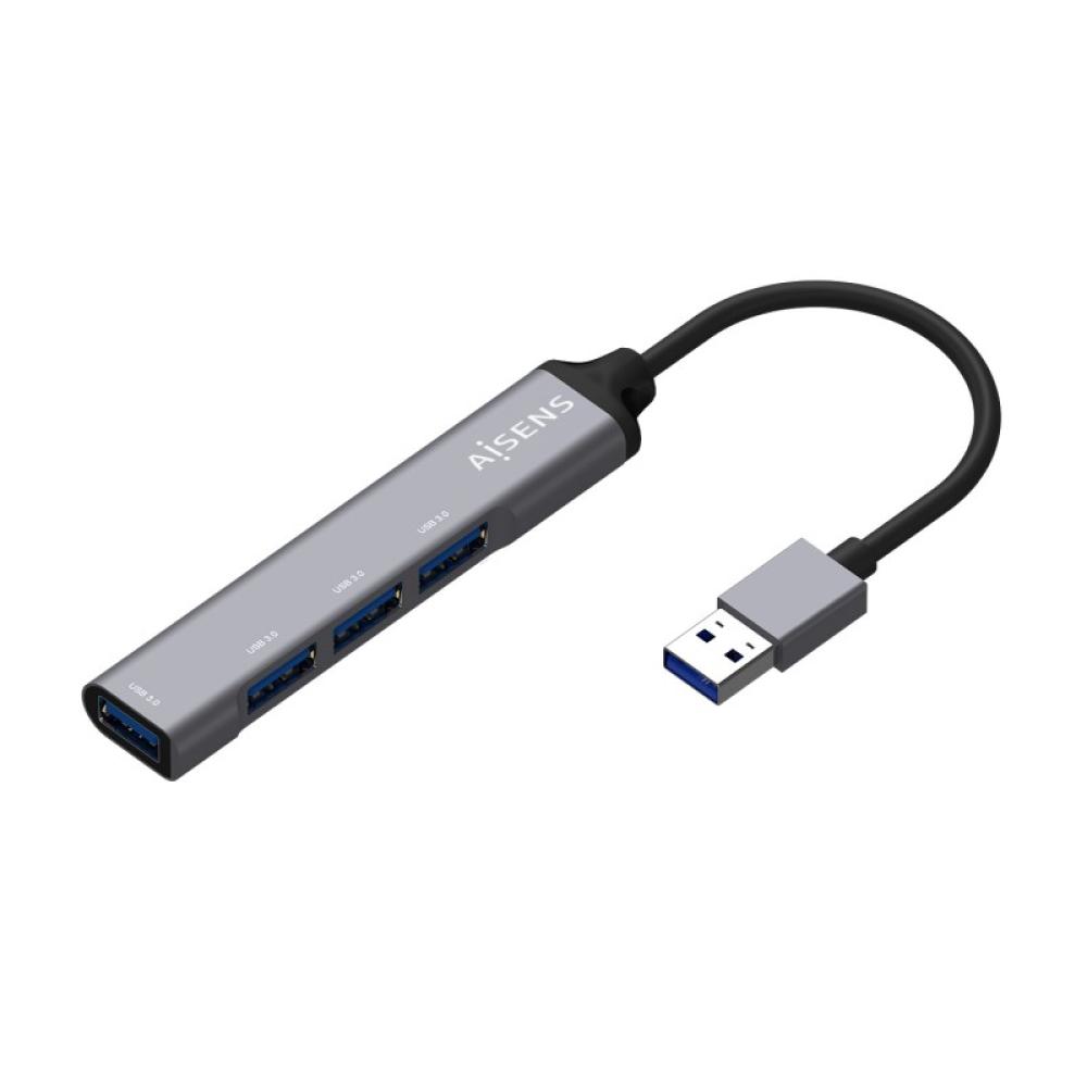 AISENS - Hub USB 3.0 Aluminio, Tipo A/M - 4x Tipo A/H, Gris, 10cm