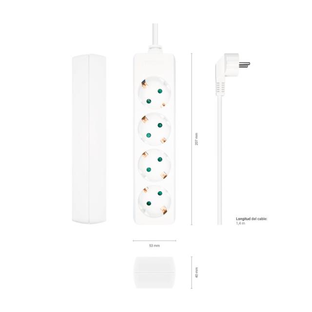 AISENS - Base Multiple 4 Tomas Sin Interruptor Con Cable 3x1.5mm2, Blanco, 1.4m