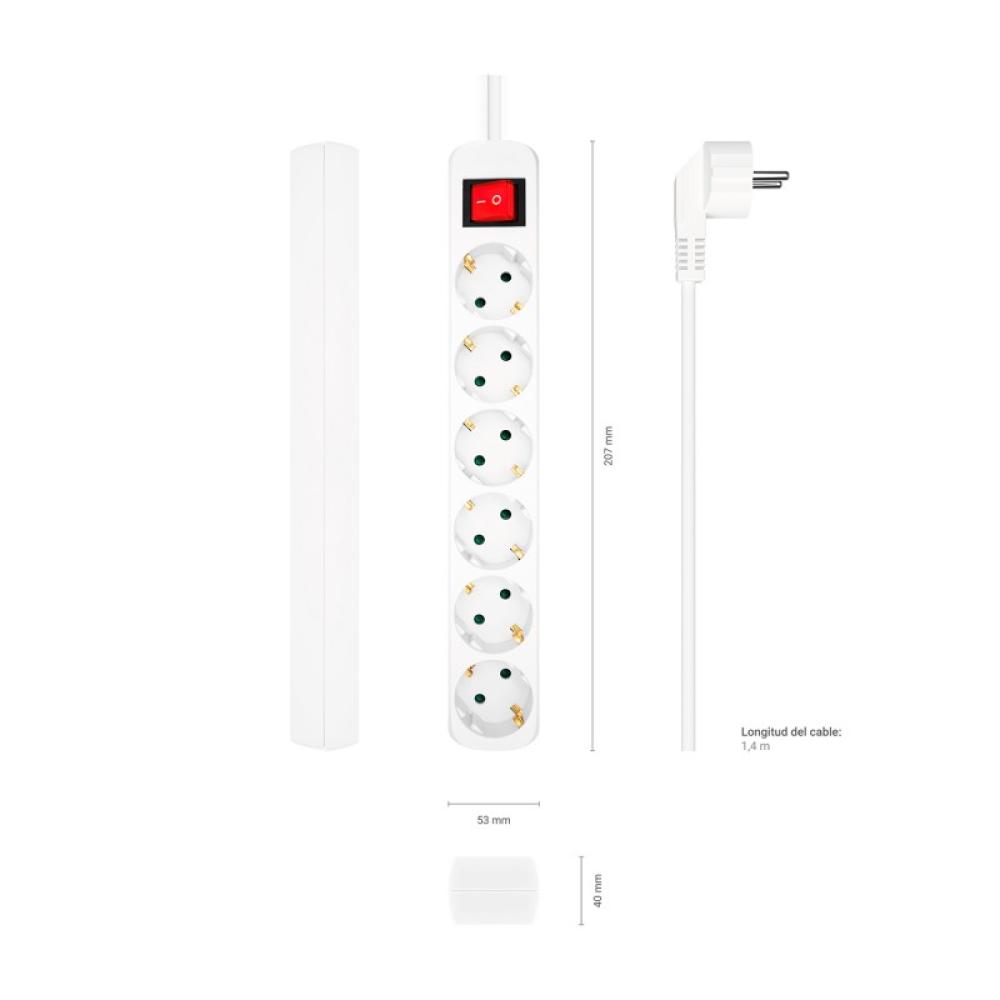 AISENS - Base Multiple 6 Tomas Con Interruptor Con Cable 3x1.5mm2, Blanco, 1.4m