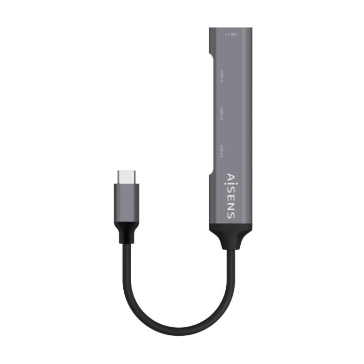 AISENS - Hub USB 3.1 USB-C, Tipo C/M - 4x Tipo A/H, Gris, 10 cm