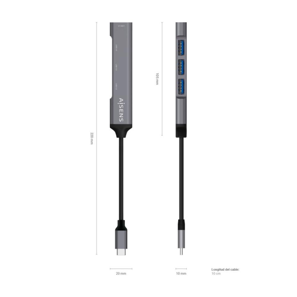 AISENS - Hub USB 3.1 USB-C, Tipo C/M - 4x Tipo A/H, Gris, 10 cm
