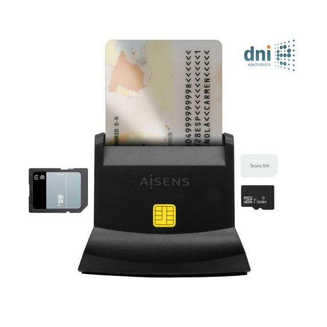AISENS - Lector De Tarjeta Dni Con Lector De Tarjetas SIM, SD, Micro SD, MMC, RS-MMC, MMC Micro, USB-C, Negro