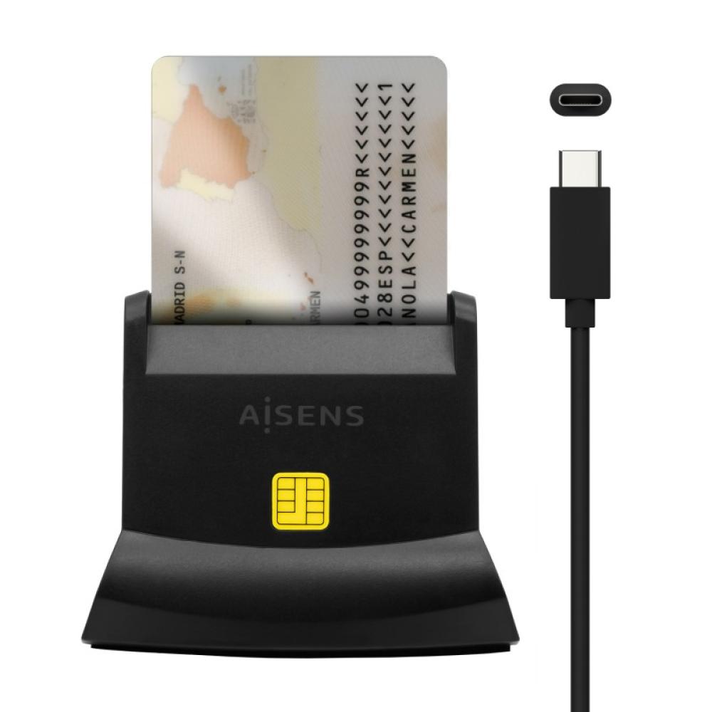 AISENS - Lector De Tarjeta Dni Con Lector De Tarjetas SIM, SD, Micro SD, MMC, RS-MMC, MMC Micro, USB-C, Negro
