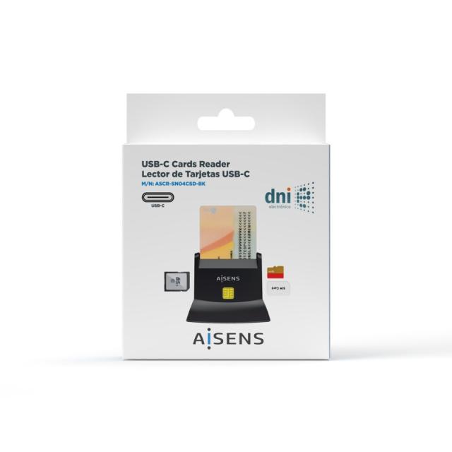 AISENS - Lector De Tarjeta Dni Con Lector De Tarjetas SIM, SD, Micro SD, MMC, RS-MMC, MMC Micro, USB-C, Negro
