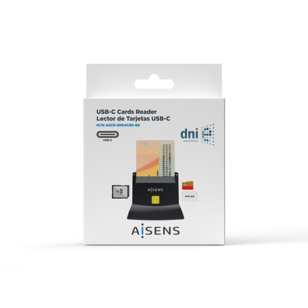 AISENS - Lector De Tarjeta Dni Con Lector De Tarjetas SIM, SD, Micro SD, MMC, RS-MMC, MMC Micro, USB-C, Negro