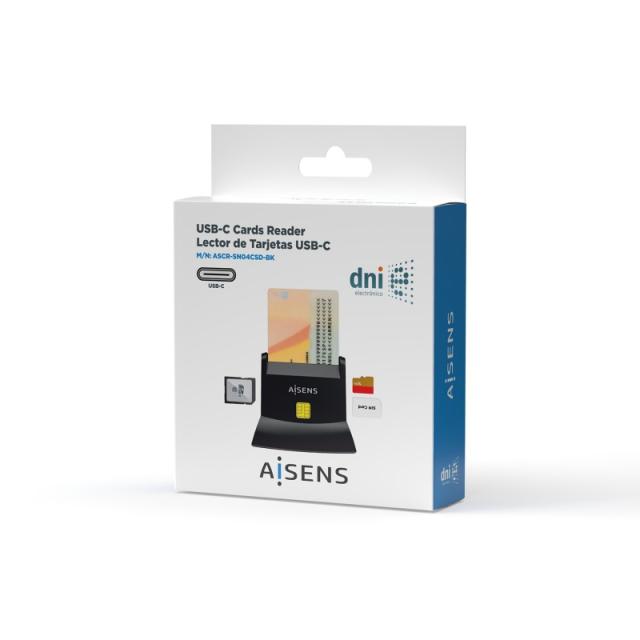 AISENS - Lector De Tarjeta Dni Con Lector De Tarjetas SIM, SD, Micro SD, MMC, RS-MMC, MMC Micro, USB-C, Negro