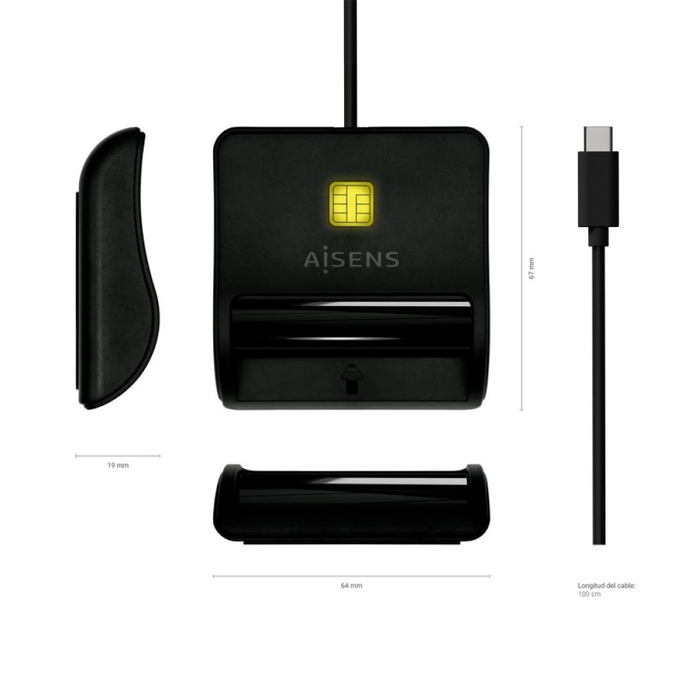 AISENS - Lector De Tarjeta Inteligente DNI, USB-C, Negro