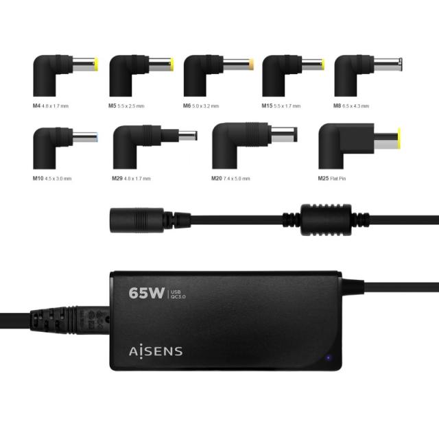 AISENS - Cargador 65 W Automatico Universal Multitension Para Portatil Con 9 Conectores + USB-A QC.3.0