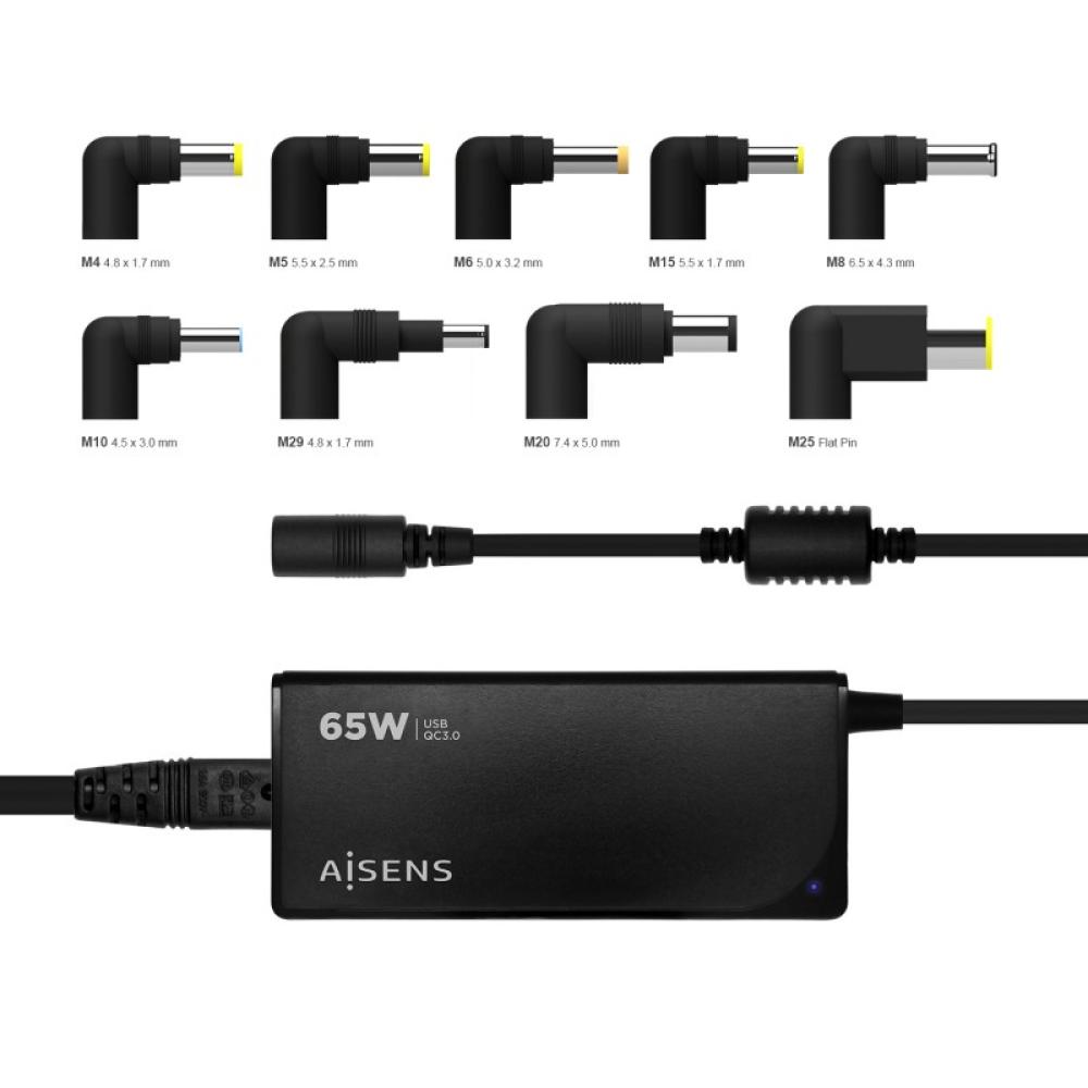 AISENS - Cargador 65 W Automatico Universal Multitension Para Portatil Con 9 Conectores + USB-A QC.3.0