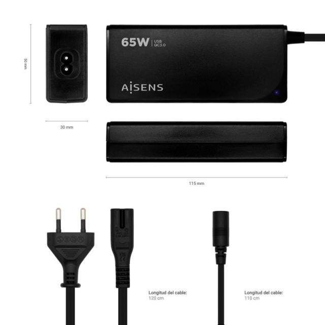 AISENS - Cargador 65 W Automatico Universal Multitension Para Portatil Con 9 Conectores + USB-A QC.3.0