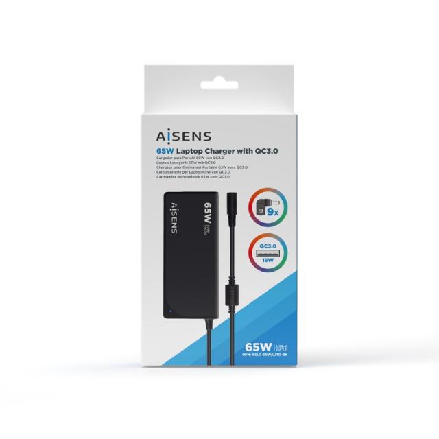 AISENS - Cargador 65 W Automatico Universal Multitension Para Portatil Con 9 Conectores + USB-A QC.3.0
