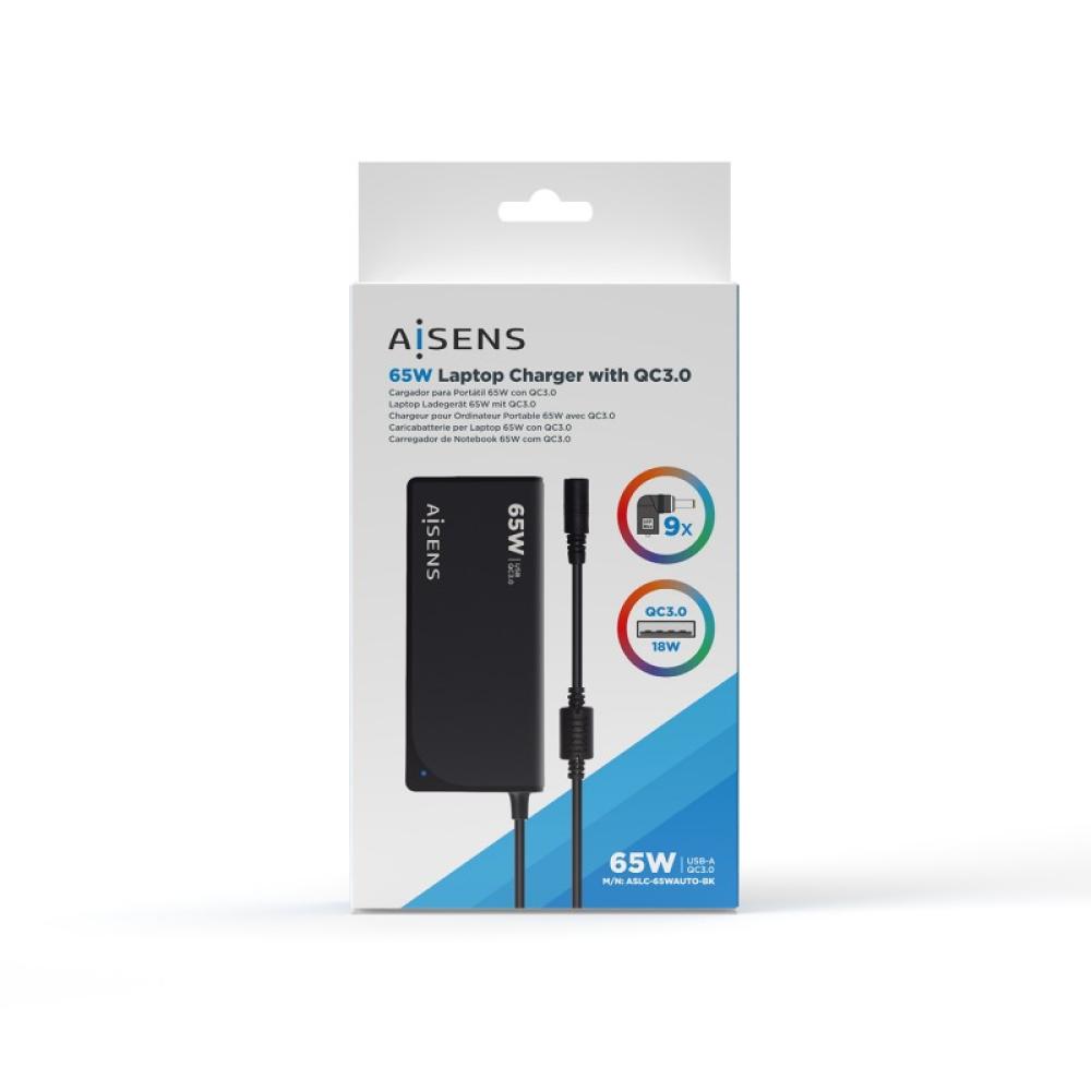 AISENS - Cargador 65 W Automatico Universal Multitension Para Portatil Con 9 Conectores + USB-A QC.3.0