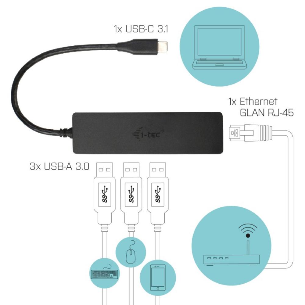 i-tec - Advance USB-C Slim Passive HUB 3 Port + Gigabit Ethernet Adapter