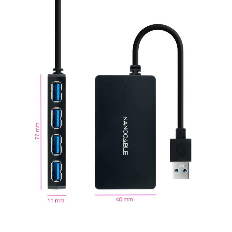 Nanocable - Hub USB 3.0 con 4 Puertos de USB 3.0, USB-A/M-USB 3.0/H, Negro, 15 cm