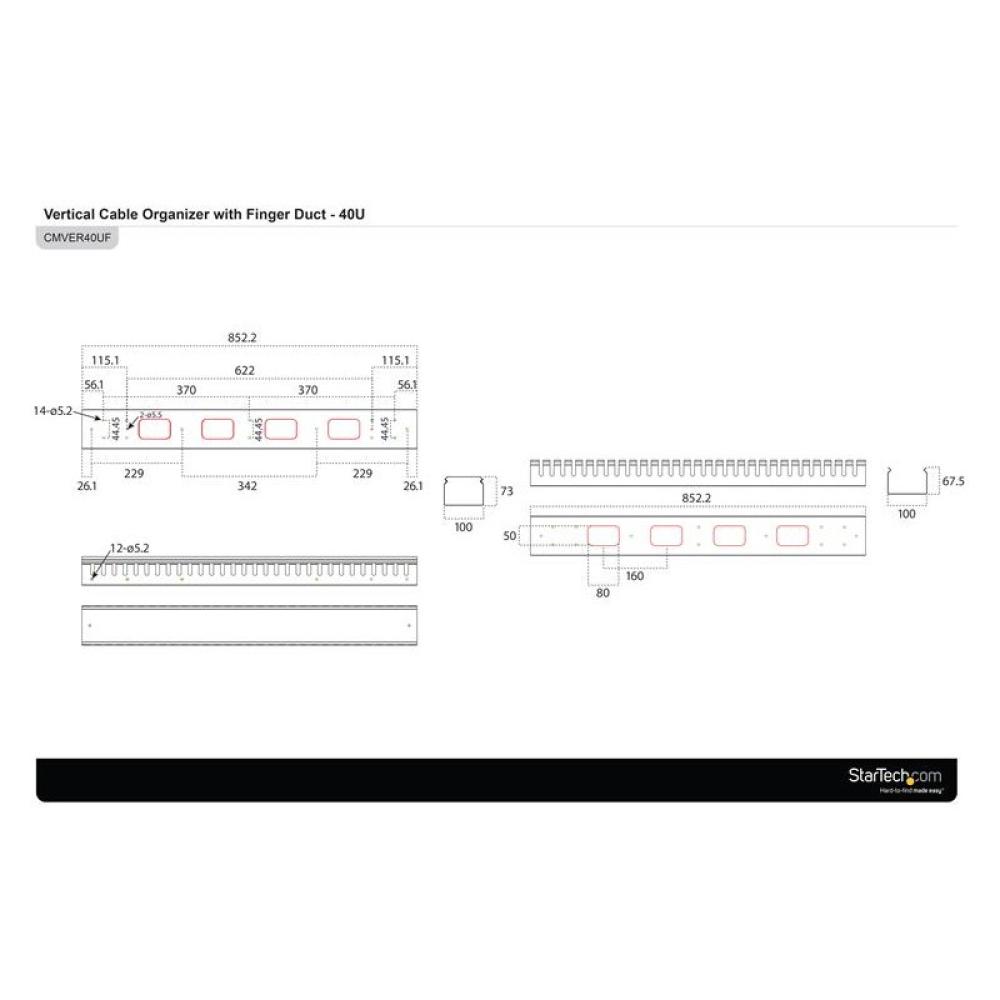 StarTech.com - Gestor Organizador Vertical de Cableado con Lengüetas - 0U - 1,8m