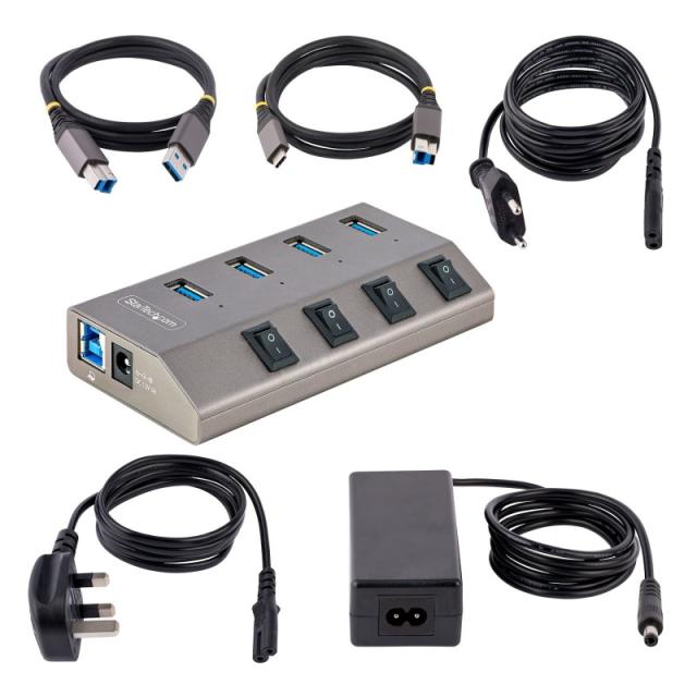StarTech.com - Hub USB-C Autoalimentado de 4 puertos con Interruptores Individuales - Concentrador USB 3.0 a 5 Gbps con Fuente d