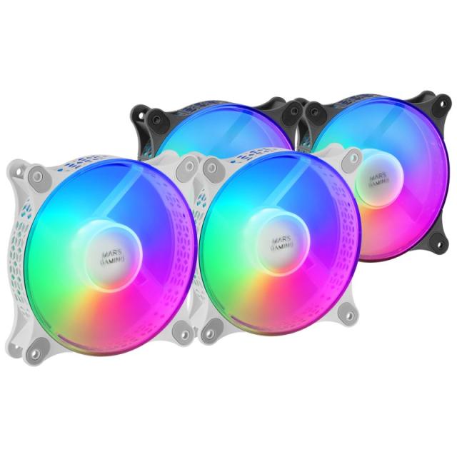 Mars Gaming - MFDUO, Kit 2 Ventiladores FRGB Rainbow 360°, Ultra-silencioso, Doble Conexión 3PIN + 4PIN, Blanco
