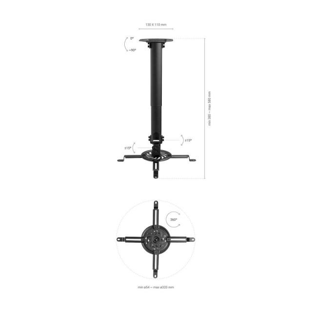 AISENS - Soporte Universal Giratorio, Inclinable y Extensible de Techo para Proyector 13.5Kg, Negro