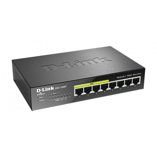 D-Link - DGS-1008P switch No administrado Gigabit Ethernet (10/100/1000) Energía sobre Ethernet (PoE) Negro
