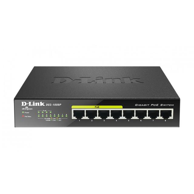 D-Link - DGS-1008P switch No administrado Gigabit Ethernet (10/100/1000) Energía sobre Ethernet (PoE) Negro