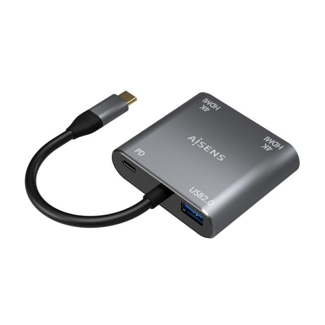 AISENS - Conversor USB-C a 2XHDMI 4K SST MST/USB2.0/USB-C PD 60W, USB-C/M-2XHDMI/H-USB-A/H-USB-C/H, Gris, 15CM