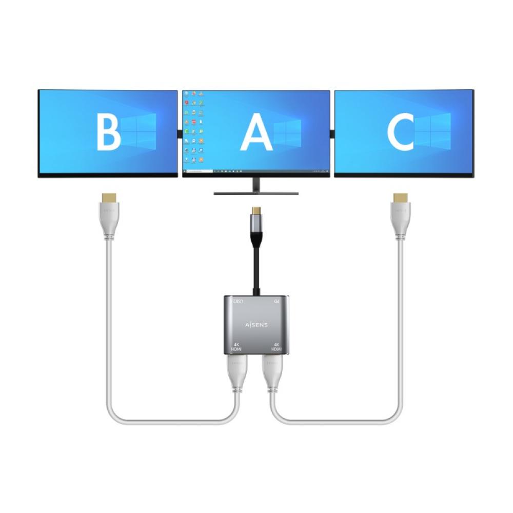 AISENS - Conversor USB-C a 2XHDMI 4K SST MST/USB2.0/USB-C PD 60W, USB-C/M-2XHDMI/H-USB-A/H-USB-C/H, Gris, 15CM