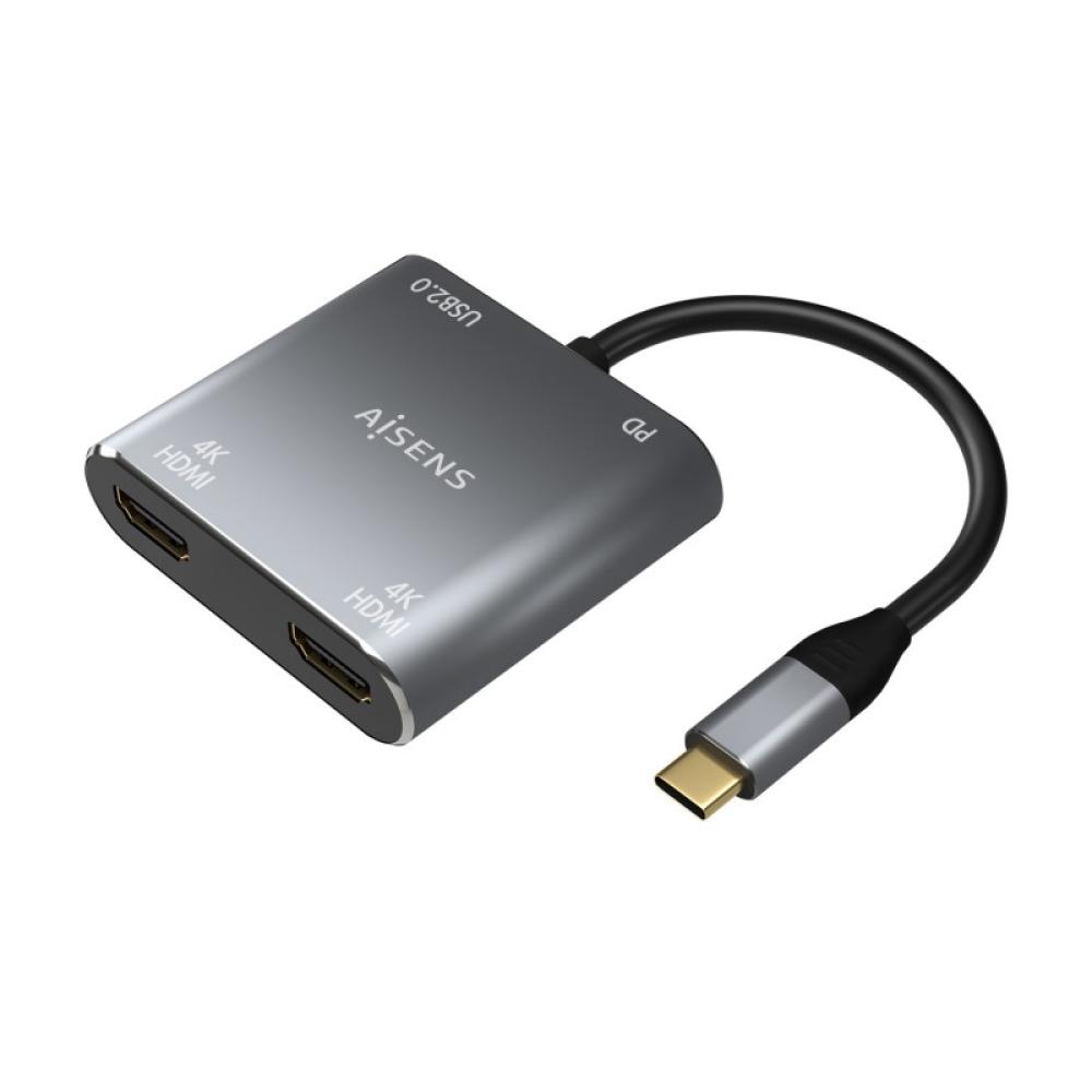 AISENS - Conversor USB-C a 2XHDMI 4K SST MST/USB2.0/USB-C PD 60W, USB-C/M-2XHDMI/H-USB-A/H-USB-C/H, Gris, 15CM