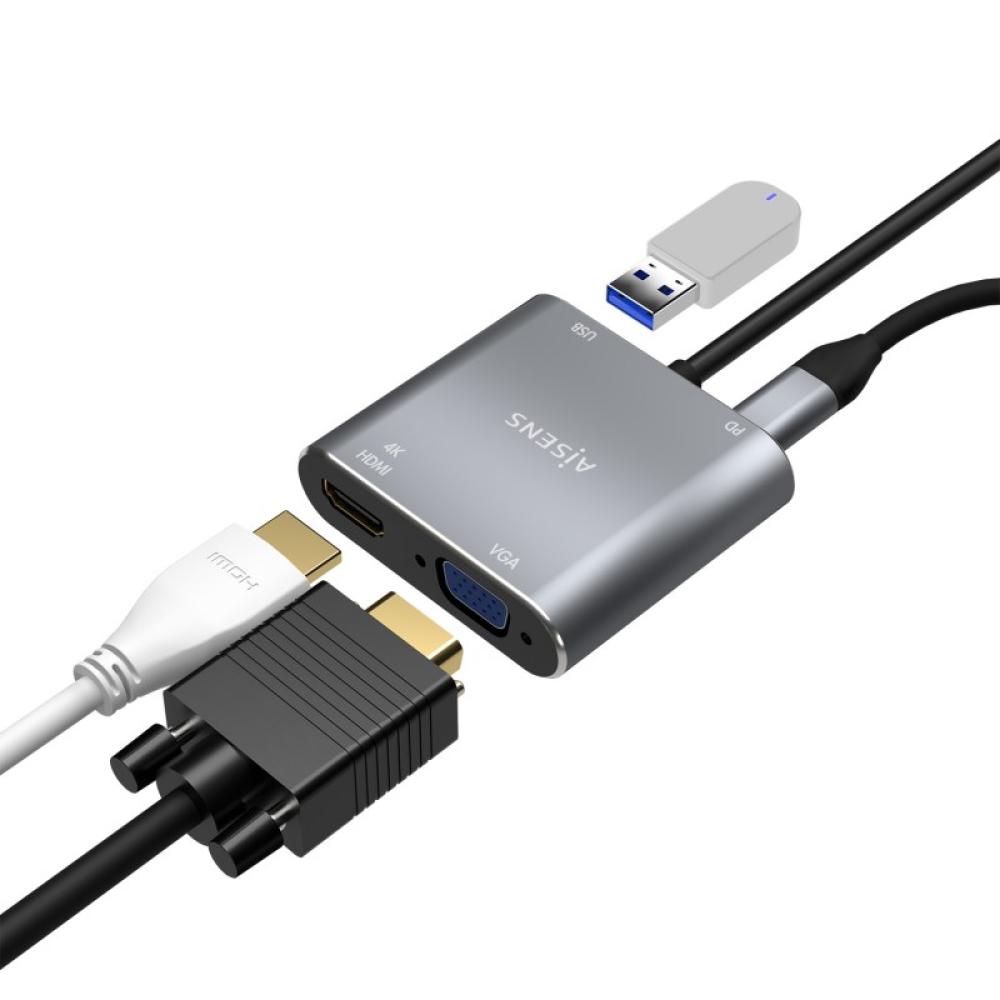 AISENS - Conversor USB-C a VGA/HDMI 4K/USB3.0/USB-C PD, USB-C/M-VGA/H-HDMI/H-USB-A/H-USB-C/H, Gris, 15CM