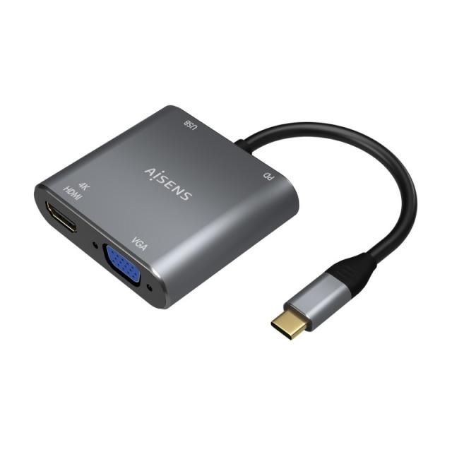 AISENS - Conversor USB-C a VGA/HDMI 4K/USB3.0/USB-C PD, USB-C/M-VGA/H-HDMI/H-USB-A/H-USB-C/H, Gris, 15CM